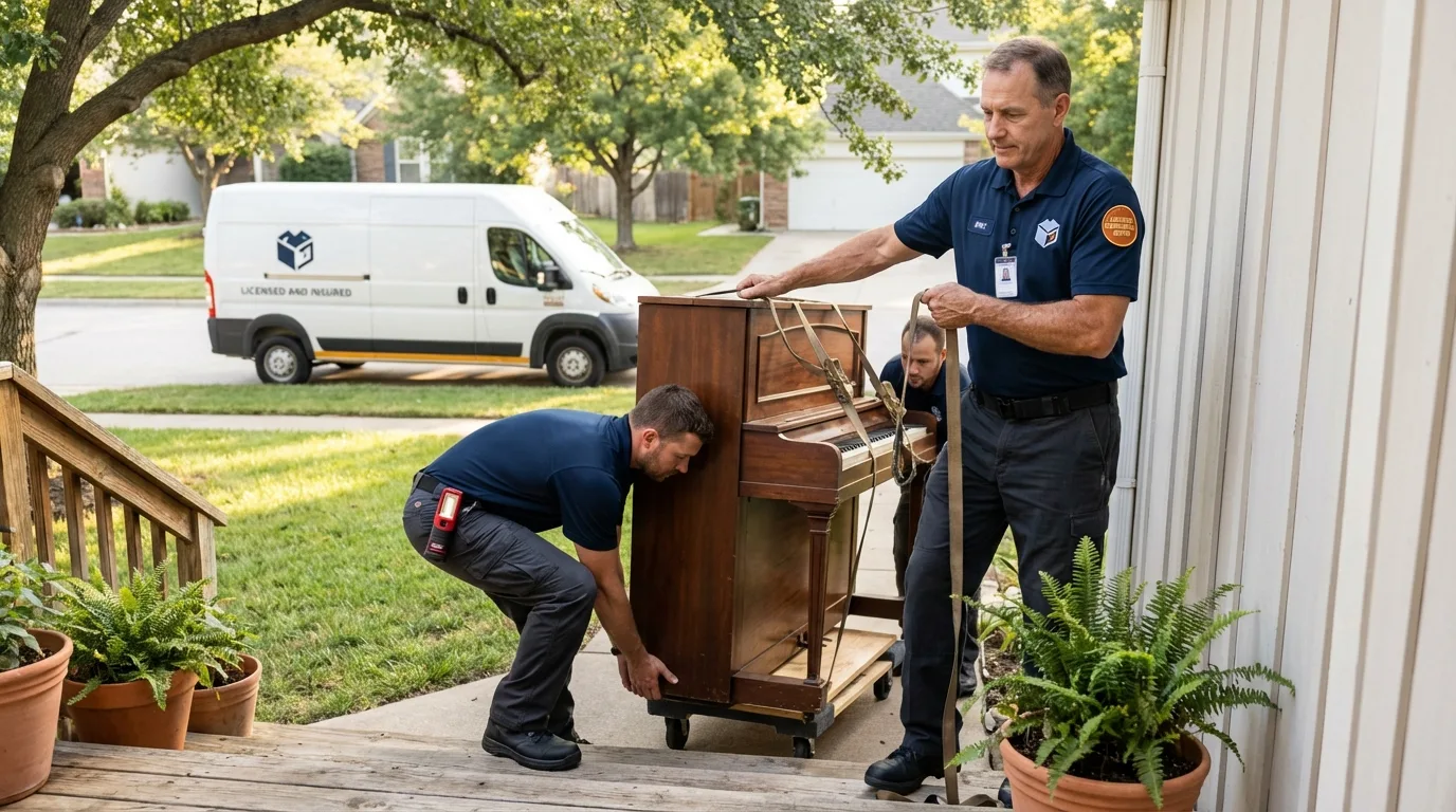 Licensed piano movers securing grand piano in El Cerrito, CA