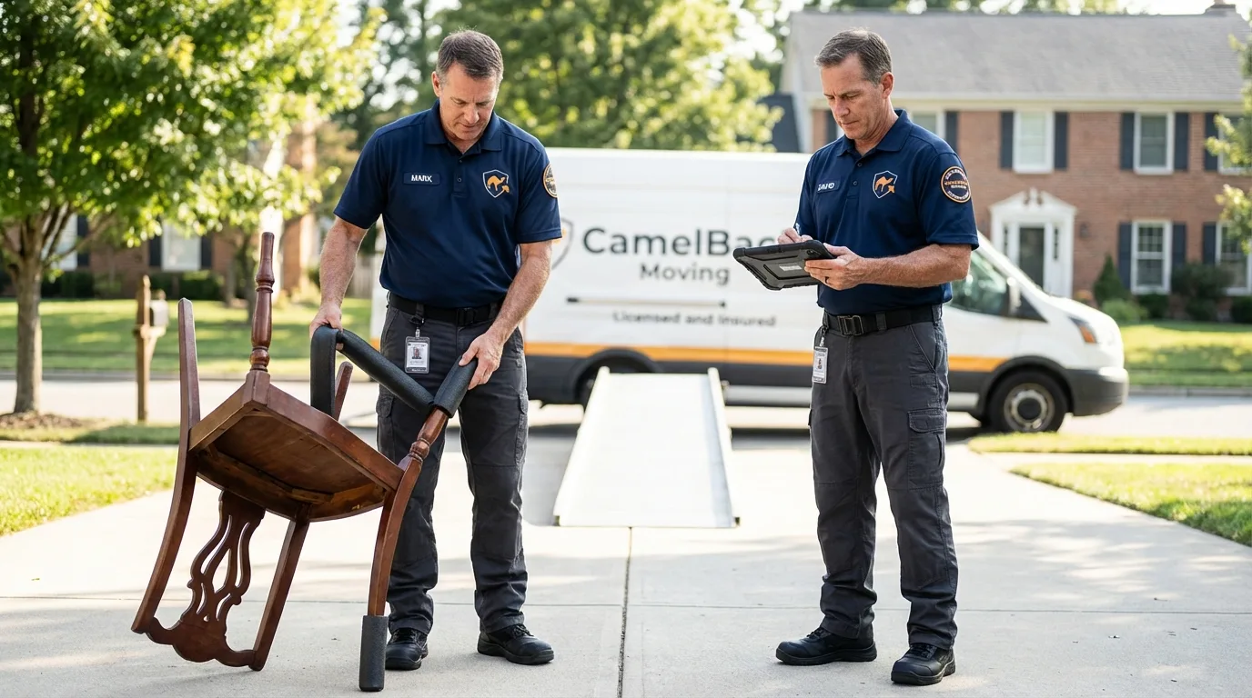 Movers inspecting furniture for damage prevention before loading in El Cerrito, CA