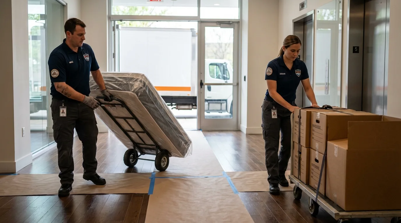 Professional apartment movers loading elevator in El Cerrito, CA