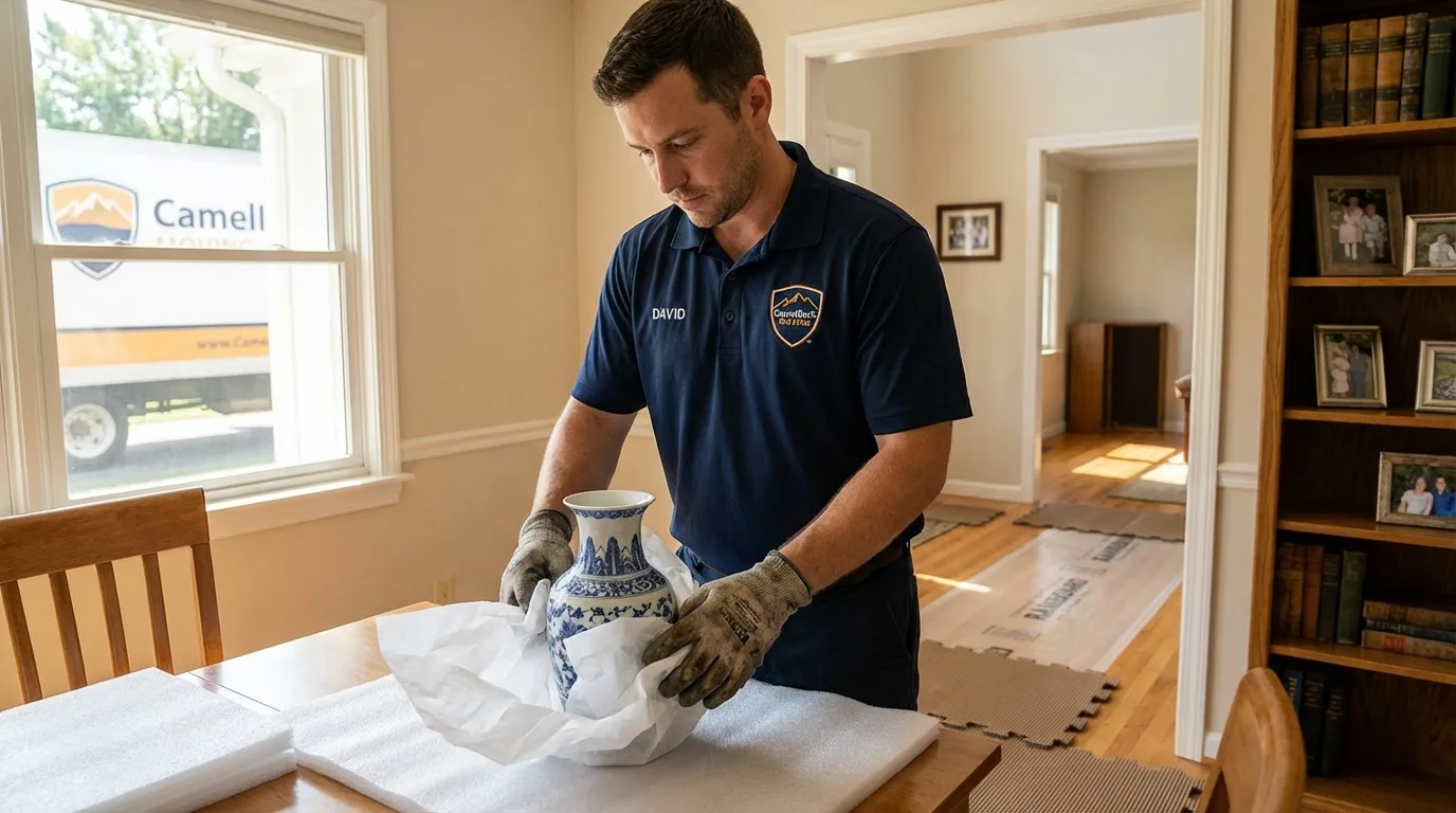 Professional crew carefully wrapping antique vase for senior downsizing move in El Cerrito, CA